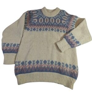Vintage Stobi Denmark Fair Isle Sweater Men's L Cream Blue Pure Wool